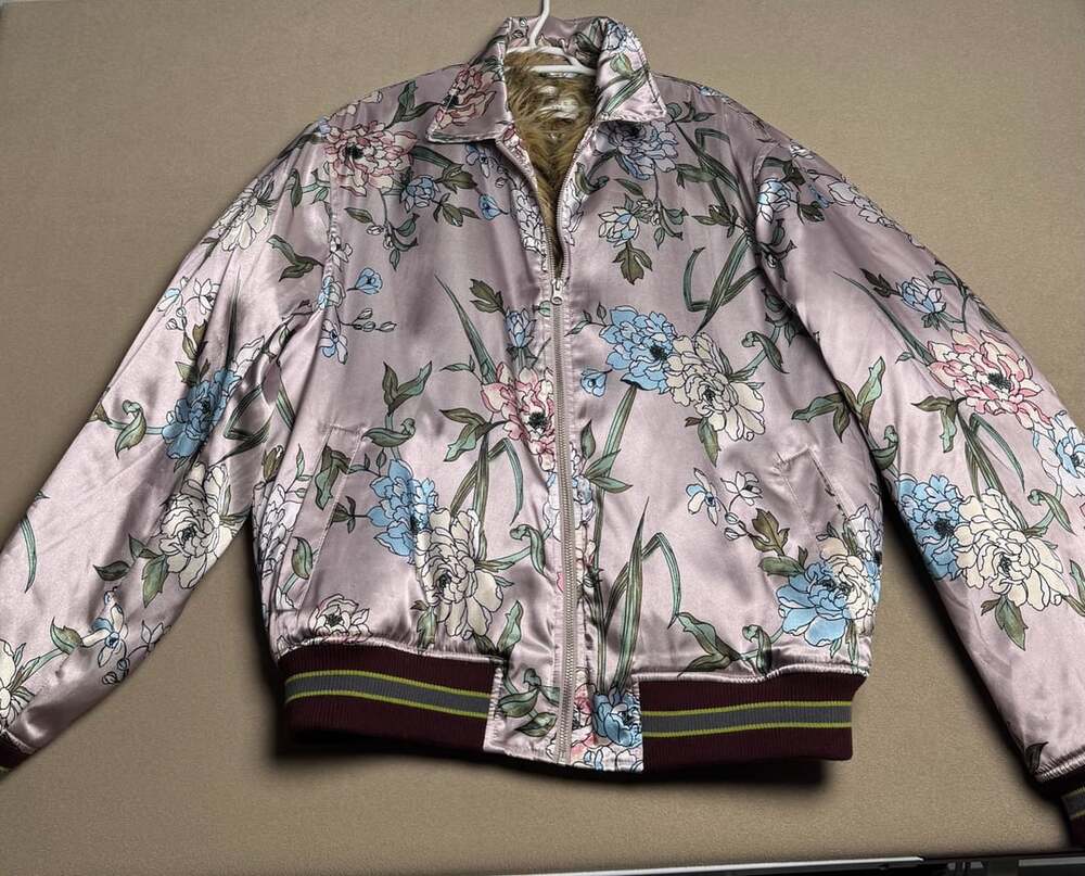 Urban Outfitters Floral Satin Bomber Jacket Size L Faux Fur Mauve